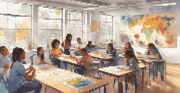 A bright and engaging classroom with diverse students collaborating on a project about climate change, surrounded by charts and digital devices.