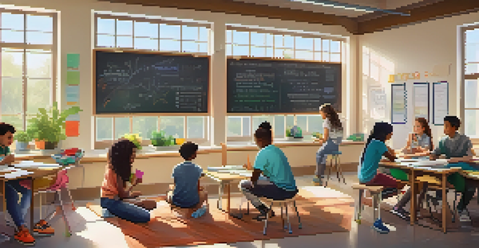 A colorful classroom with students collaborating on a project, surrounded by flexible seating and sunlight.