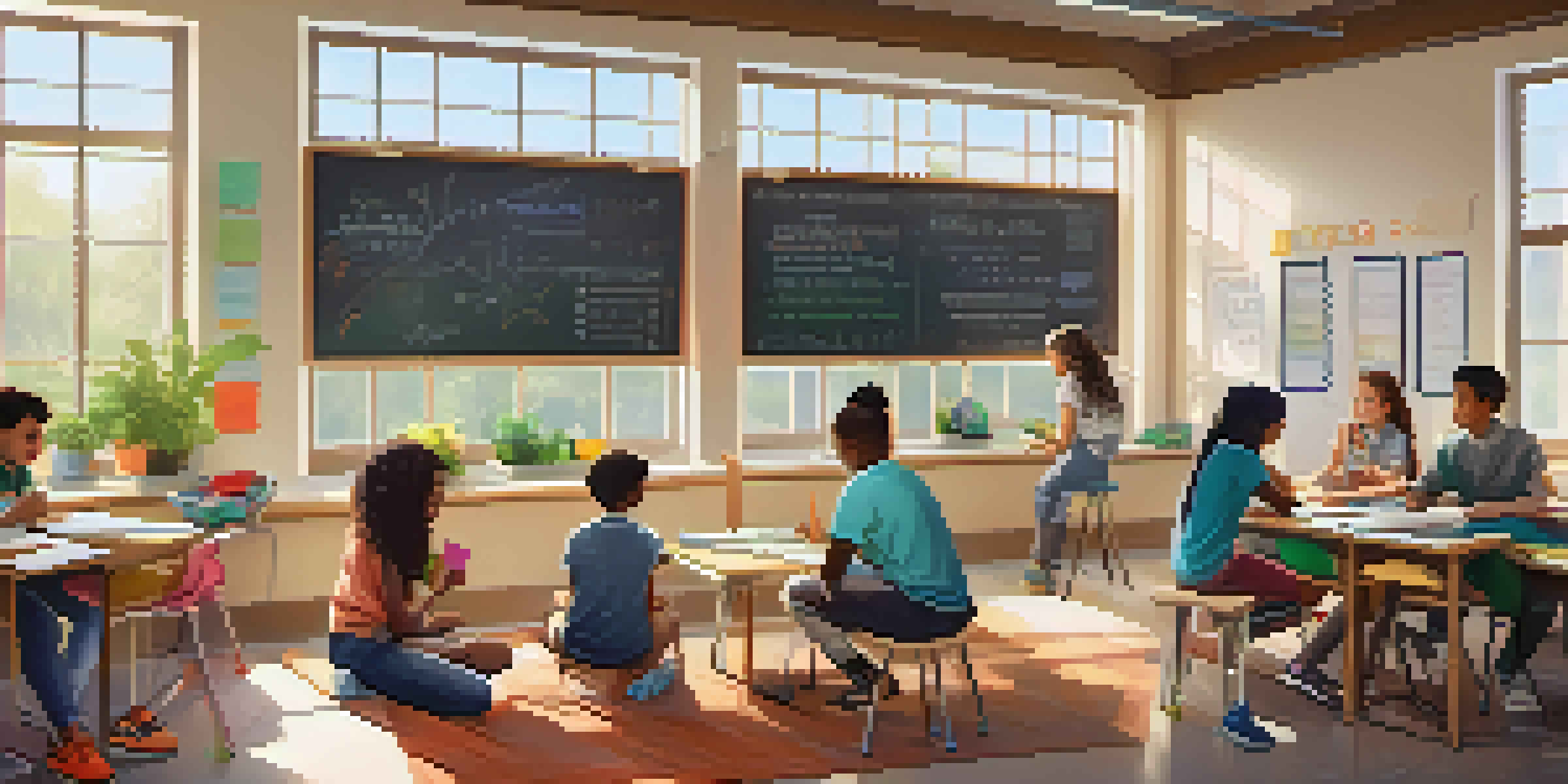 A colorful classroom with students collaborating on a project, surrounded by flexible seating and sunlight.