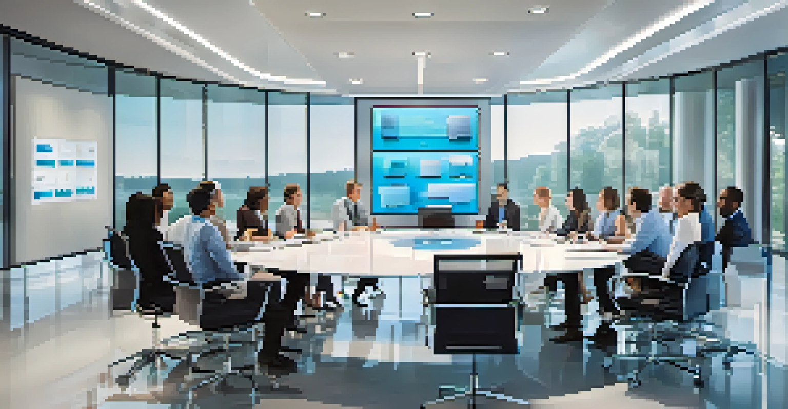 A diverse group of professionals engaged in a meeting around a glass table in a modern conference room, with a digital presentation in the background.