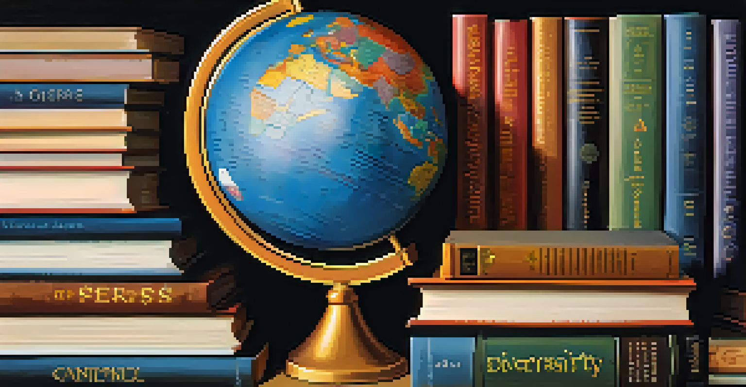 A close-up view of a globe and multicultural education books, showcasing vibrant covers and warm lighting.