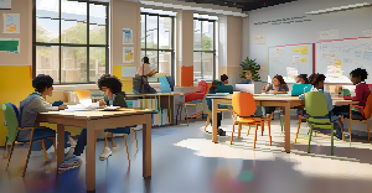 A collaborative learning corner with a communal table, students brainstorming together, and colorful notes on whiteboards.