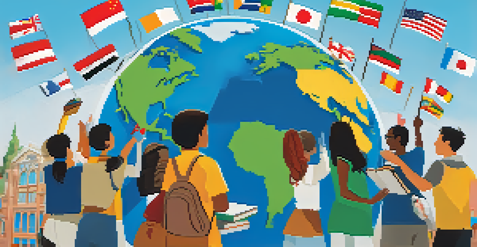 A globe surrounded by students from around the world, each holding educational materials, showcasing global collaboration in education.