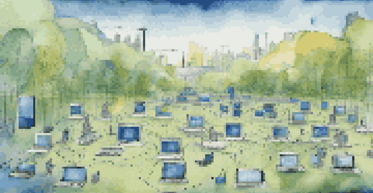 A digital landscape showcasing the integration of adaptive learning tools with various educational devices, illustrating connectivity and data sharing.