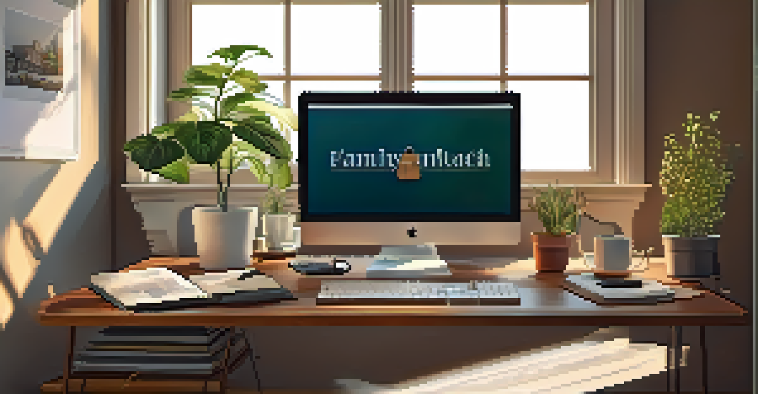 A senior's home office with a desk filled with financial documents, a laptop, and coffee, illuminated by natural light.