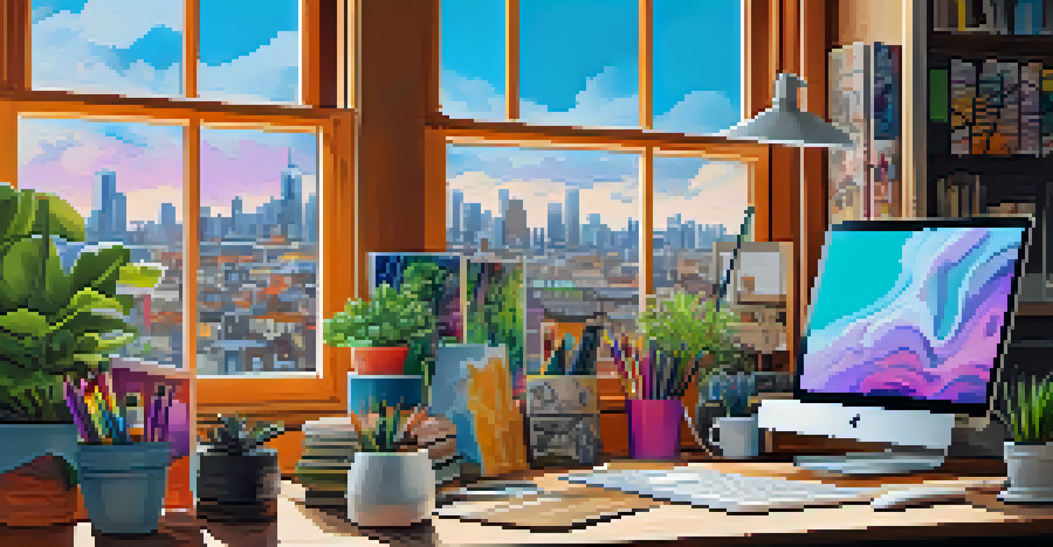 An artistic workspace with a desk, sketchbooks, art supplies, and a cityscape view.