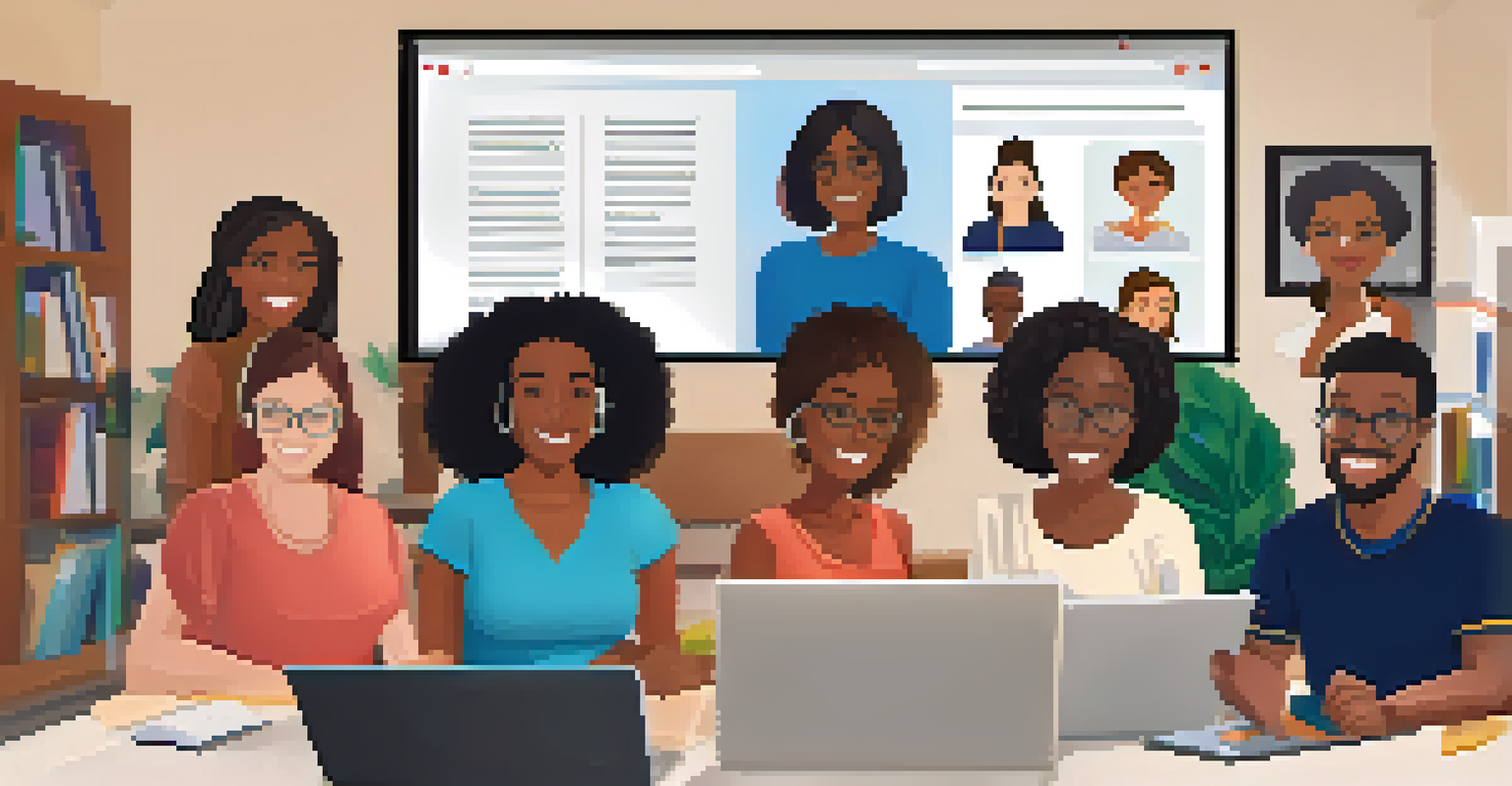 A virtual study group with diverse adult learners smiling on a video call, surrounded by books and notebooks.