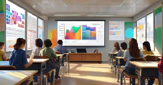 A classroom filled with diverse students actively engaging with digital screens showing data visualizations, illuminated by natural light.