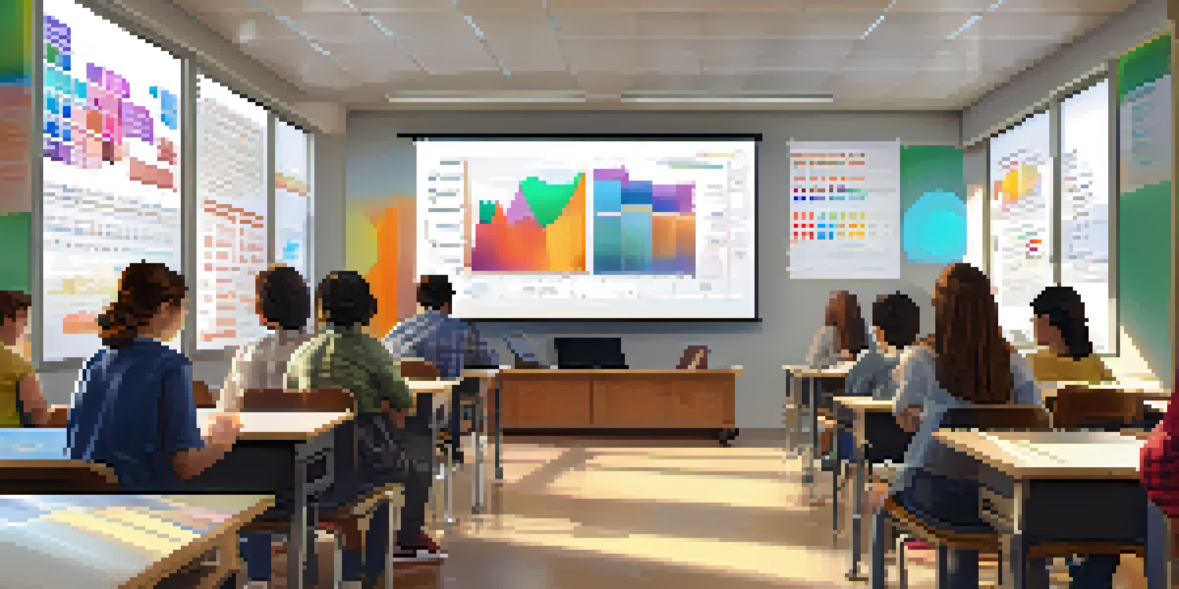 A classroom filled with diverse students actively engaging with digital screens showing data visualizations, illuminated by natural light.