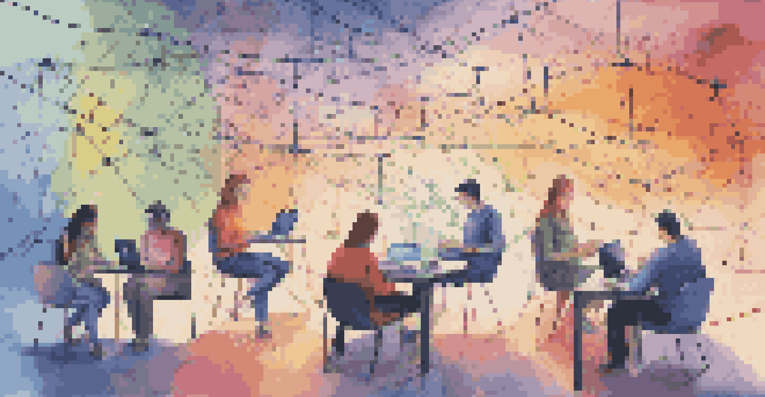 Illustration of people using digital devices to connect and share ideas, with interconnected lines symbolizing social networks.