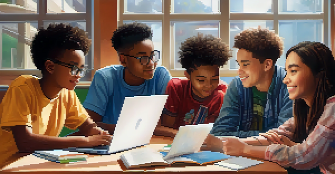 A group of diverse students collaborating with laptops in a bright classroom, with books and a digital literacy poster visible.