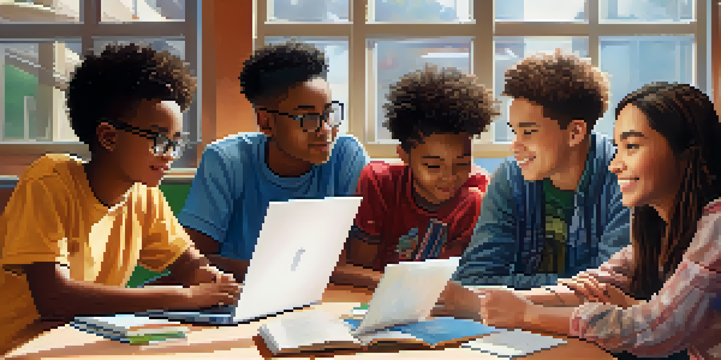 A group of diverse students collaborating with laptops in a bright classroom, with books and a digital literacy poster visible.