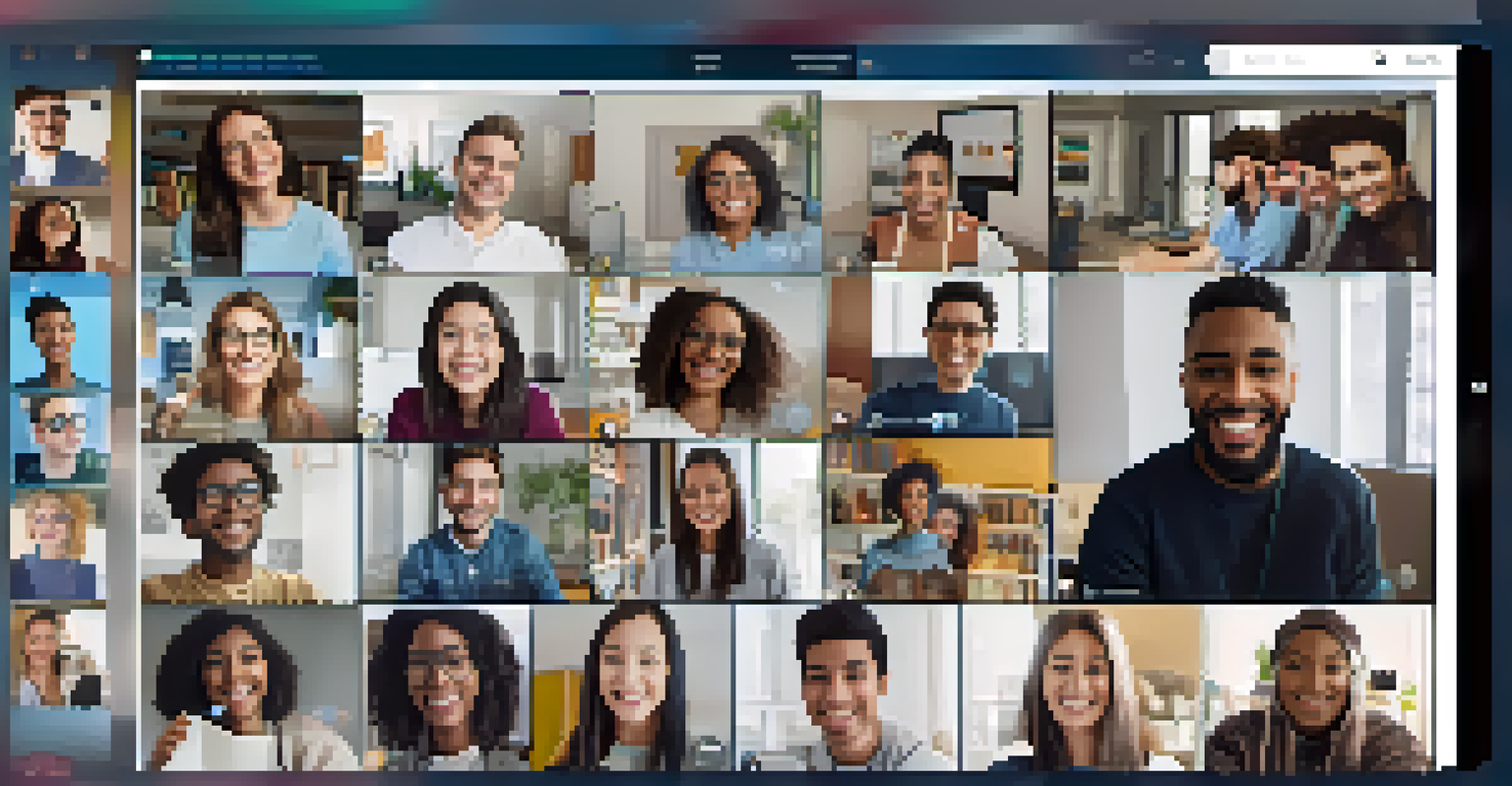 Students in a virtual learning community engaging in an icebreaker activity, smiling and sharing ideas through video calls.