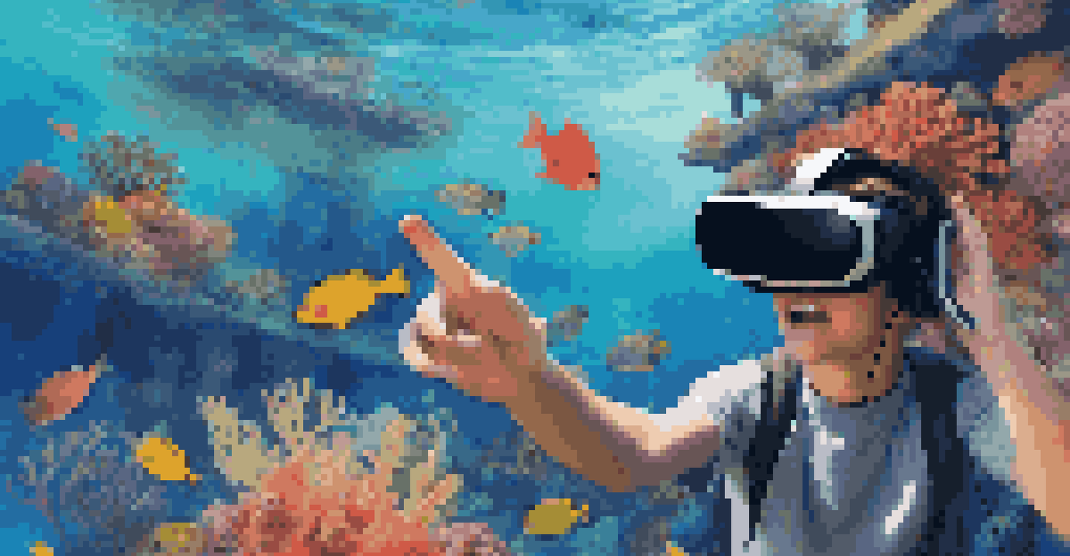 A student immersed in a virtual reality experience, exploring a colorful coral reef and marine life, expressing curiosity and engagement.