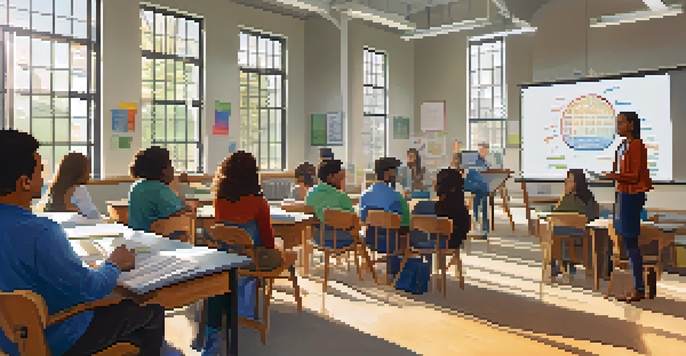 A bright and inviting classroom with educators participating in a workshop, surrounded by natural light, laptops, and a whiteboard.
