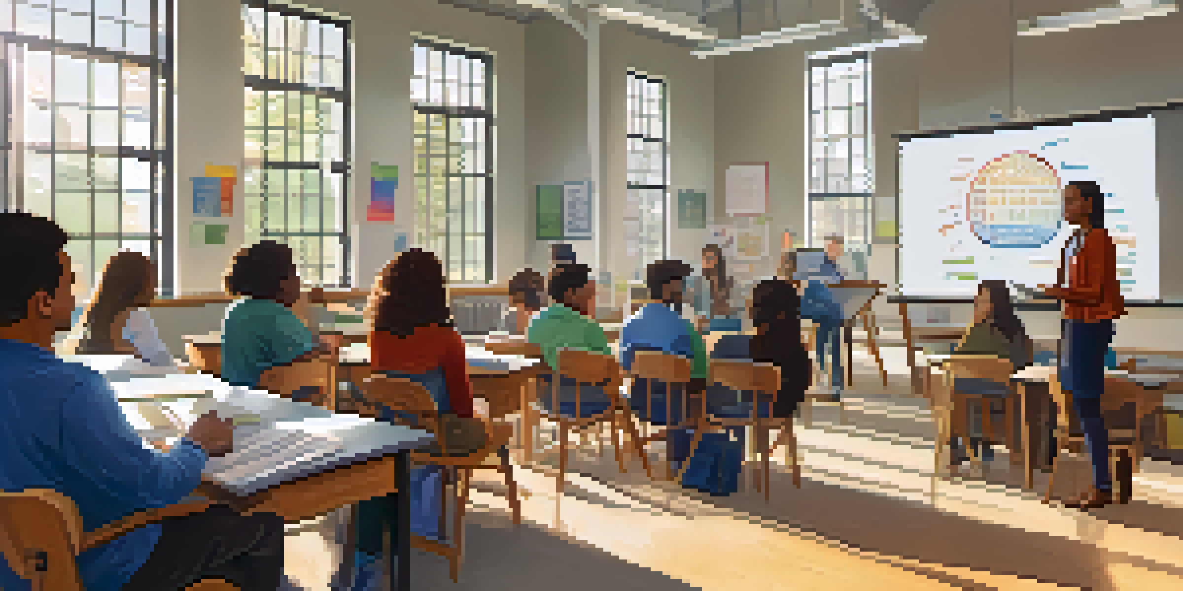 A bright and inviting classroom with educators participating in a workshop, surrounded by natural light, laptops, and a whiteboard.