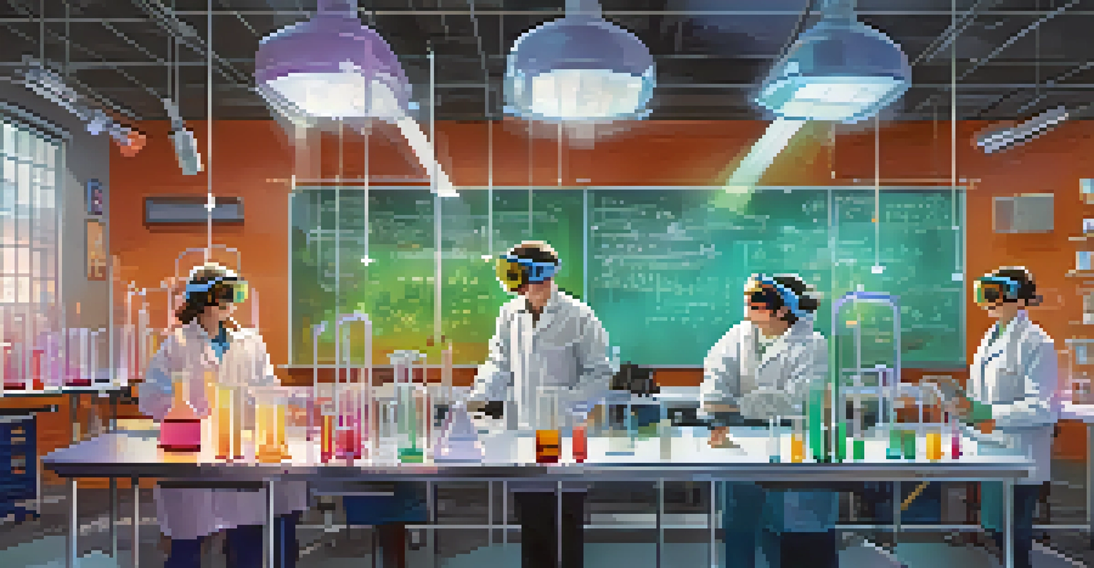 Students in a science lab engaged in hands-on experiments, collaborating and surrounded by colorful lab equipment.