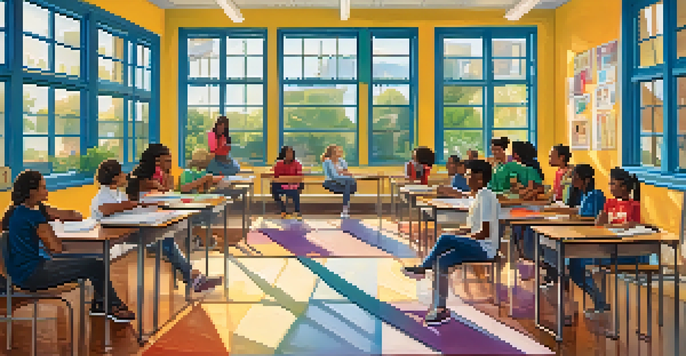 A diverse group of students in a classroom discussing healthy relationships, with colorful educational posters around them and bright sunlight coming through the windows.