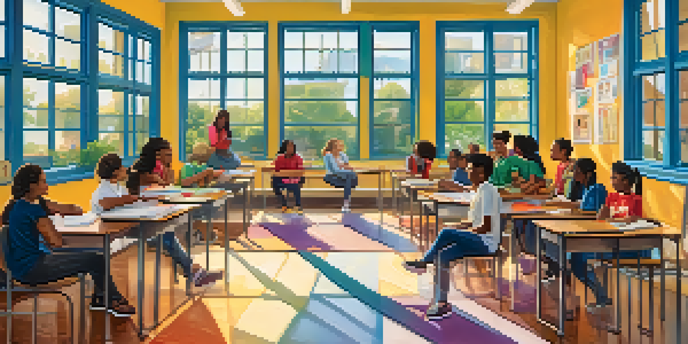 A diverse group of students in a classroom discussing healthy relationships, with colorful educational posters around them and bright sunlight coming through the windows.