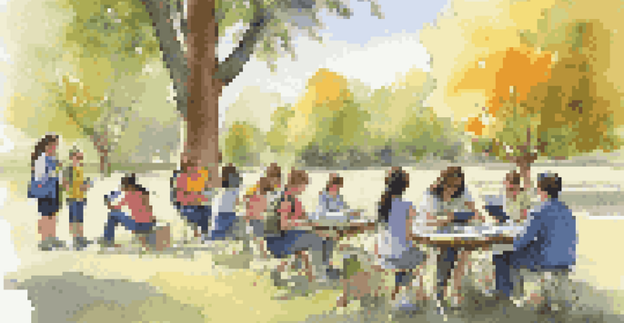 A teacher using a tablet for assessments outdoors with students engaged in various activities around them in a sunny environment.