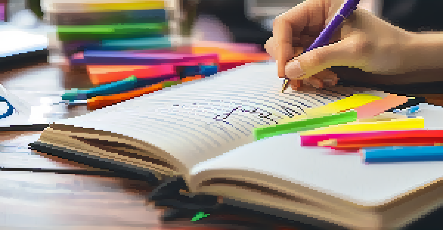 A hand writing in a journal with colorful pens and sticky notes in the foreground, and a blurred study table in the background.