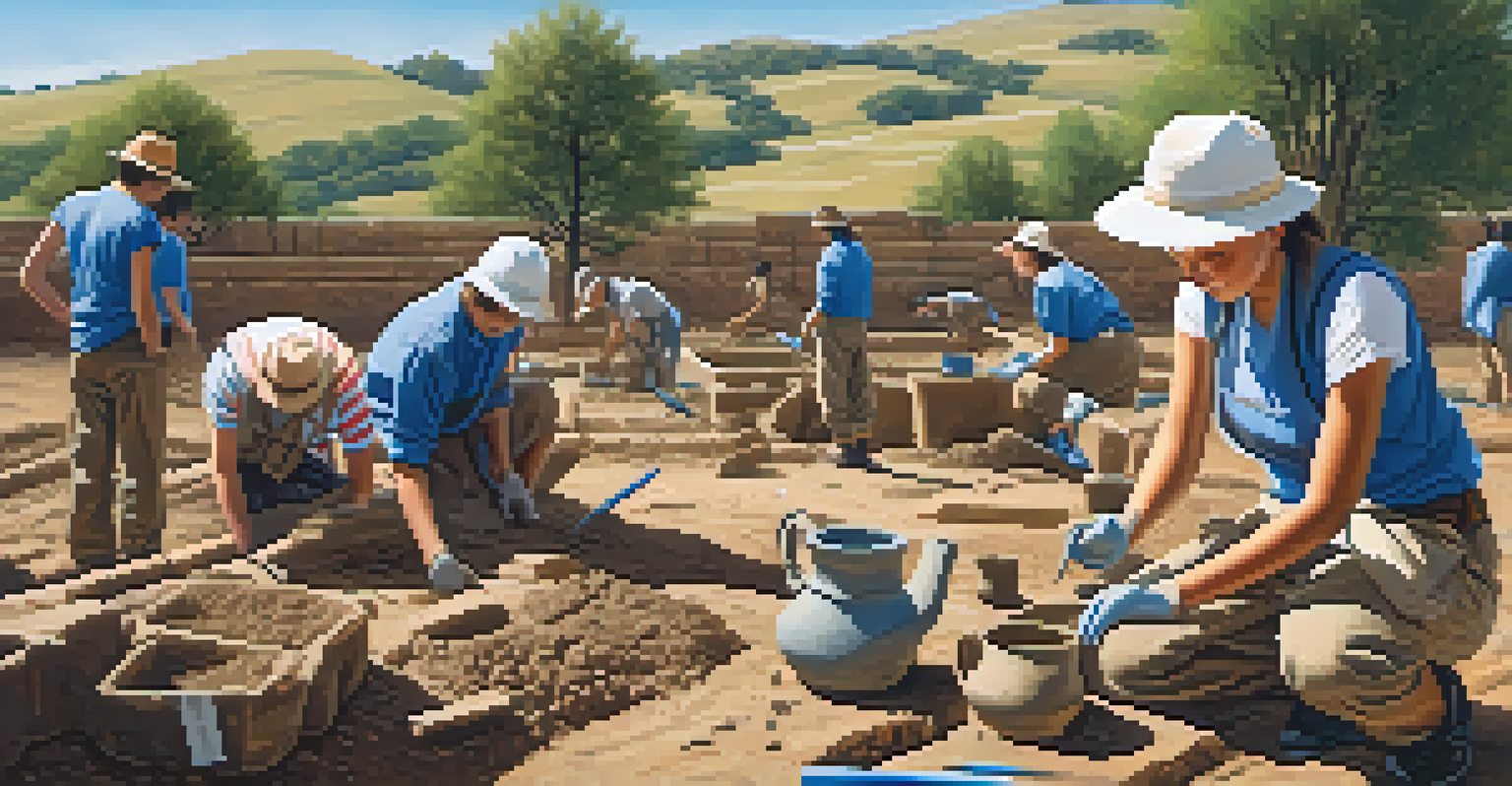 Students at an archaeological dig site uncovering artifacts under a clear blue sky.