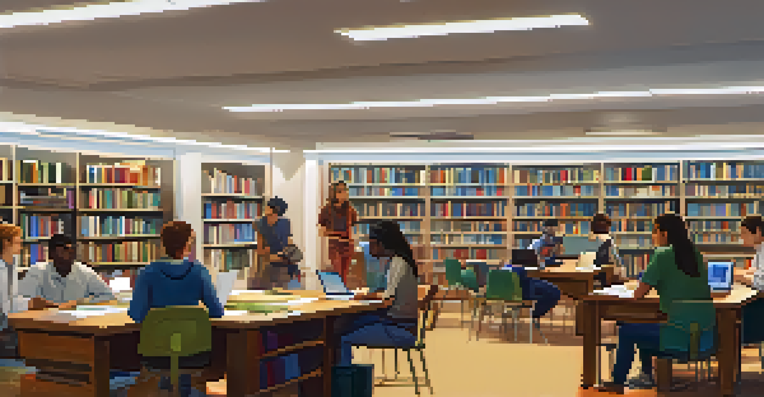 A group of students collaborating on a project in a library, discussing ideas around a table filled with laptops and books, in a well-lit atmosphere with shelves of books in the background.