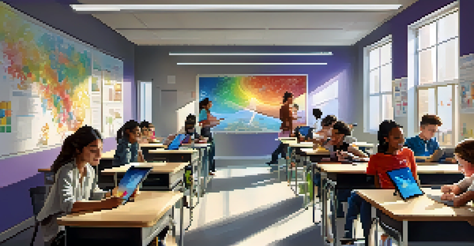 A bright and modern classroom with students using tablets to engage in digital assessments, featuring colorful posters on the walls and natural light from windows.