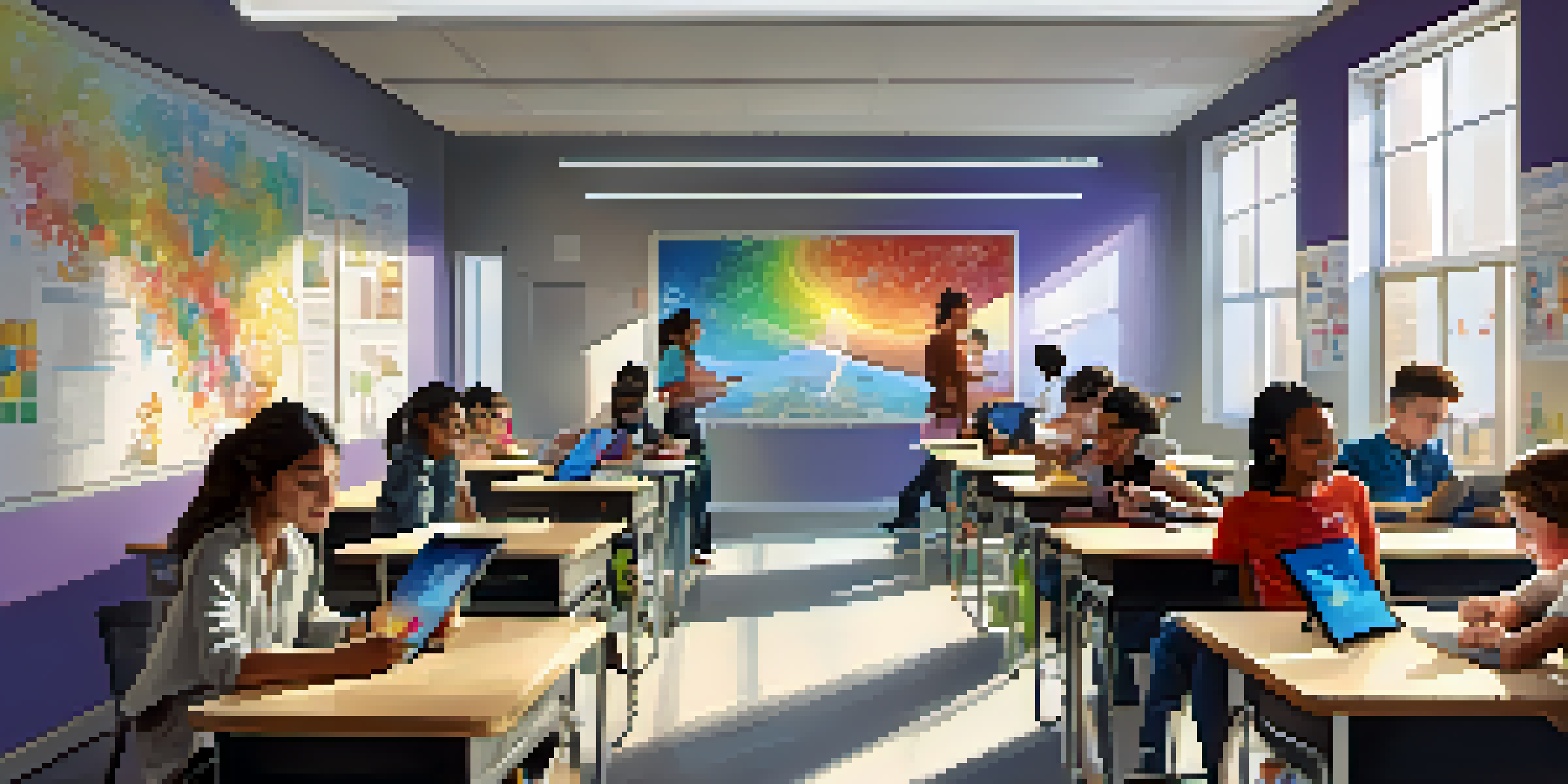 A bright and modern classroom with students using tablets to engage in digital assessments, featuring colorful posters on the walls and natural light from windows.