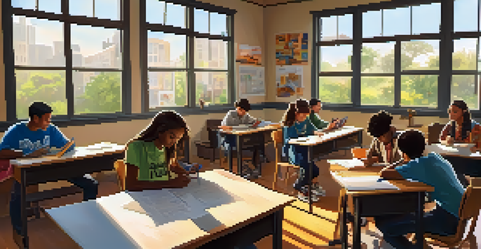 A lively classroom where students of different backgrounds are working together on a project, surrounded by educational materials and bright sunlight.