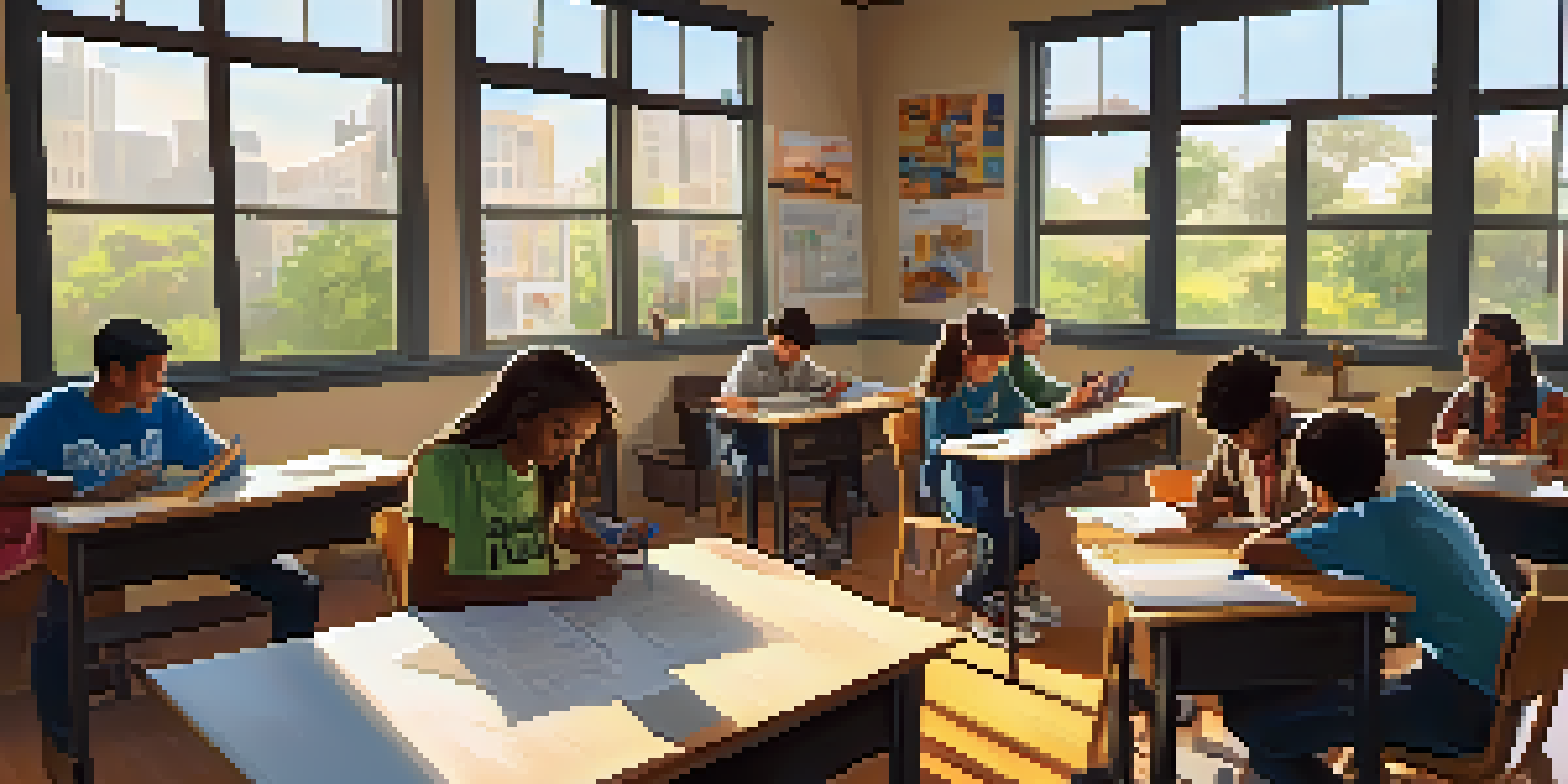A lively classroom where students of different backgrounds are working together on a project, surrounded by educational materials and bright sunlight.