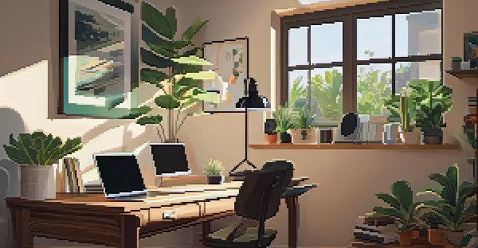 A warm and inviting home office with a laptop playing a podcast, books, and a potted plant by the window, bathed in natural light.