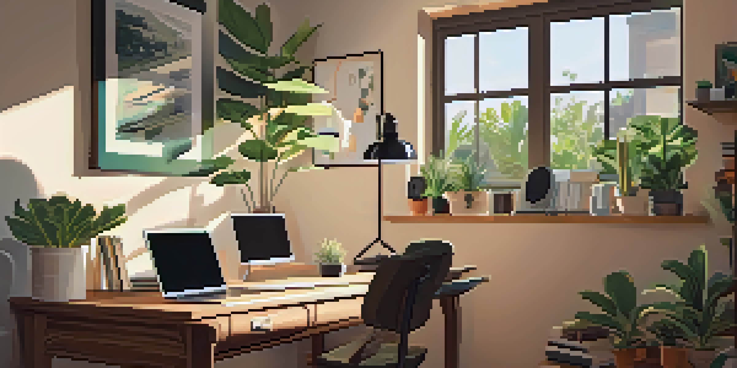A warm and inviting home office with a laptop playing a podcast, books, and a potted plant by the window, bathed in natural light.