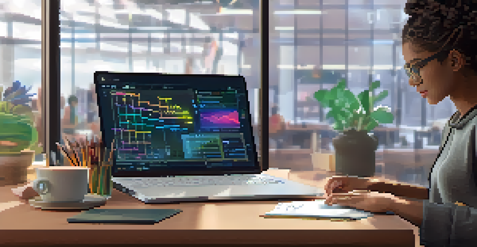 A close-up of a student's hands using a laptop with an adaptive learning interface, surrounded by study materials and a cup of coffee.