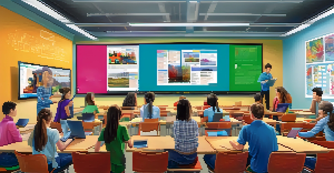 A lively digital classroom with students using laptops and tablets, illuminated by natural light, and a teacher facilitating the lesson.
