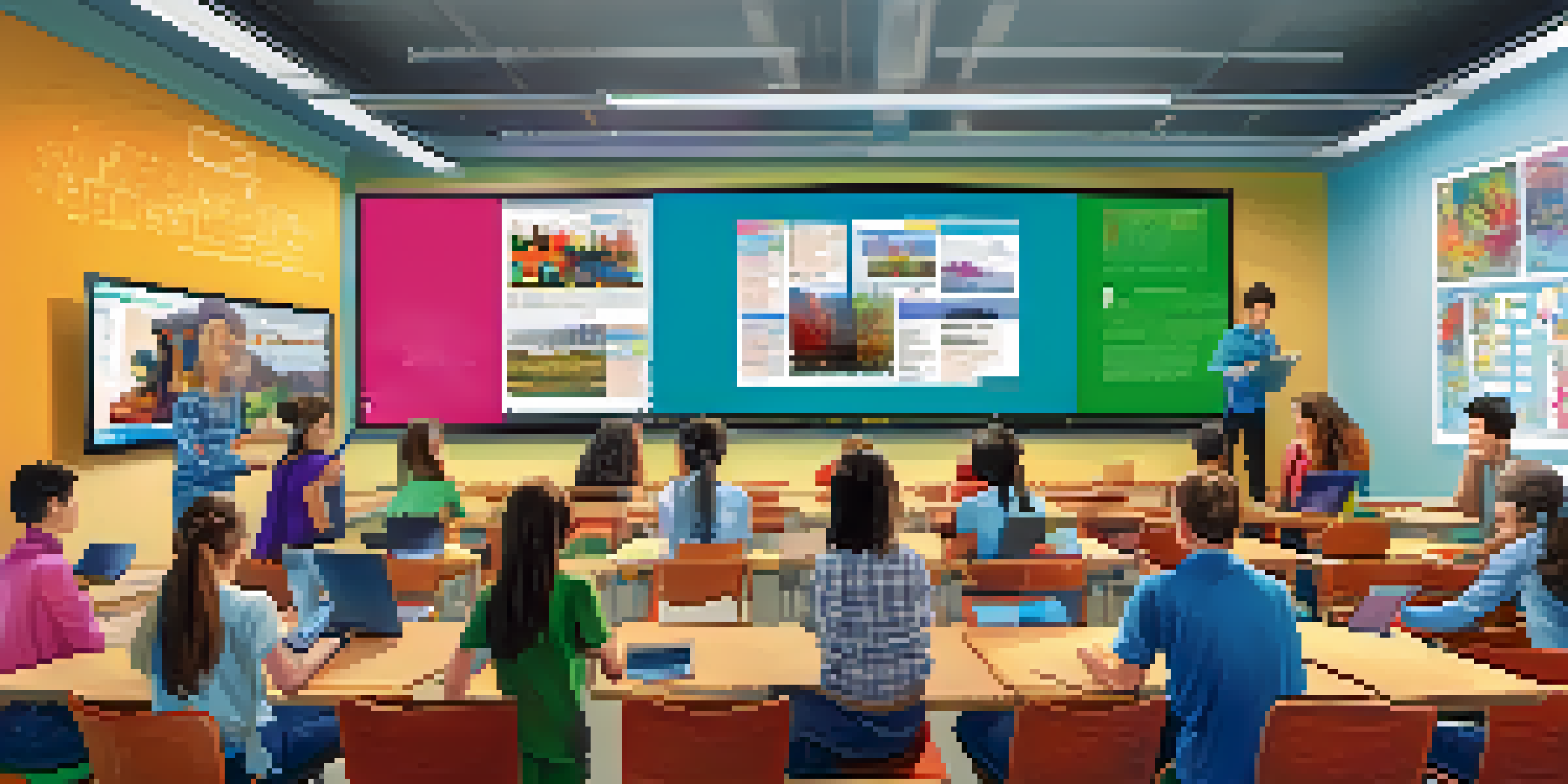 A lively digital classroom with students using laptops and tablets, illuminated by natural light, and a teacher facilitating the lesson.