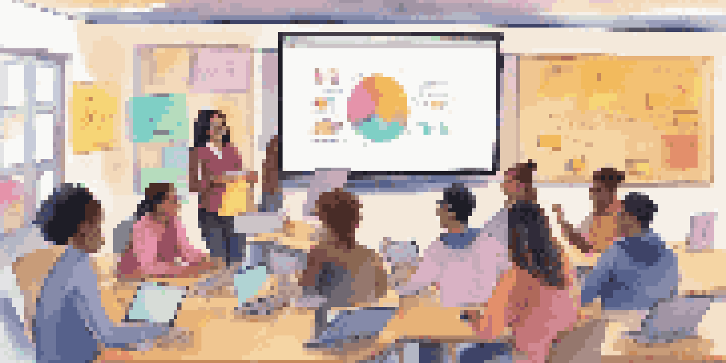 A diverse group of students engaged in a live online lecture, interacting with a teacher presenting on a screen.