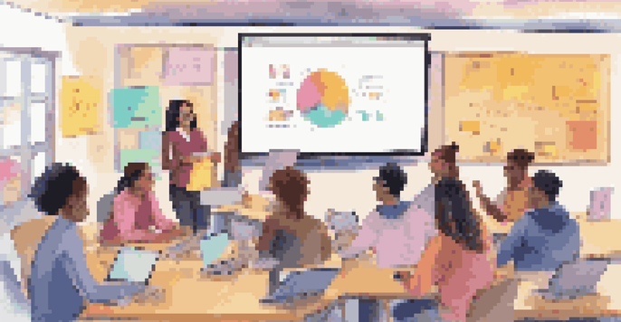 A diverse group of students engaged in a live online lecture, interacting with a teacher presenting on a screen.