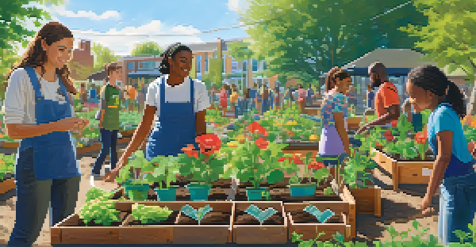 A group of diverse students working together in a colorful community garden, planting vegetables under a bright blue sky.