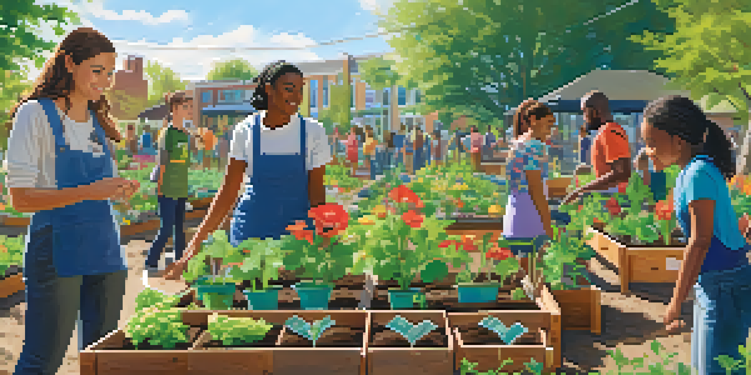 A group of diverse students working together in a colorful community garden, planting vegetables under a bright blue sky.
