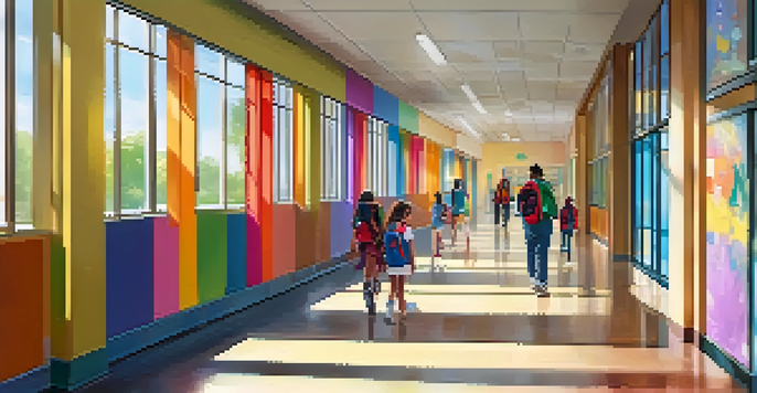 A vibrant school corridor filled with student artwork and diverse students chatting and working together.