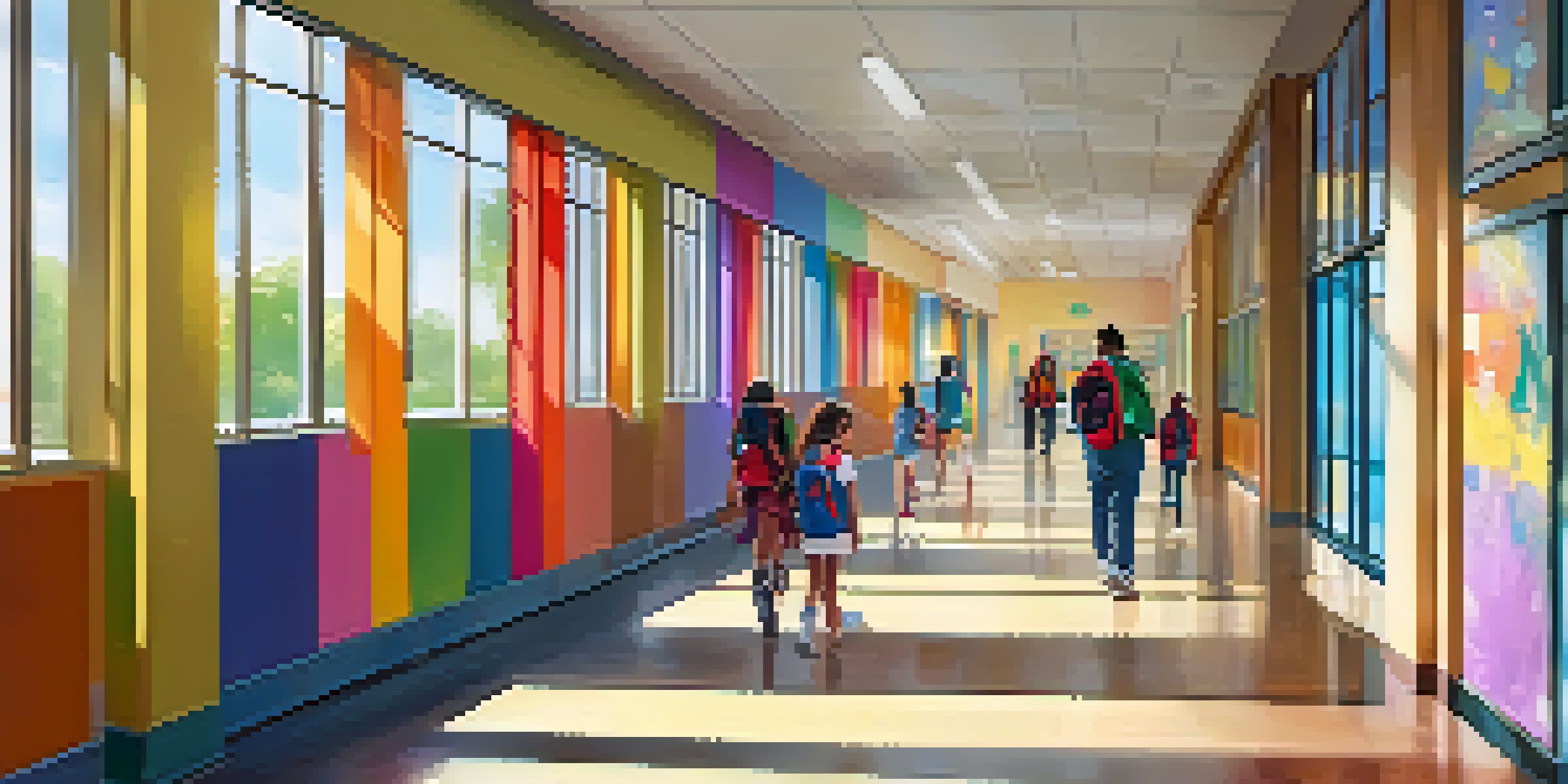 A vibrant school corridor filled with student artwork and diverse students chatting and working together.