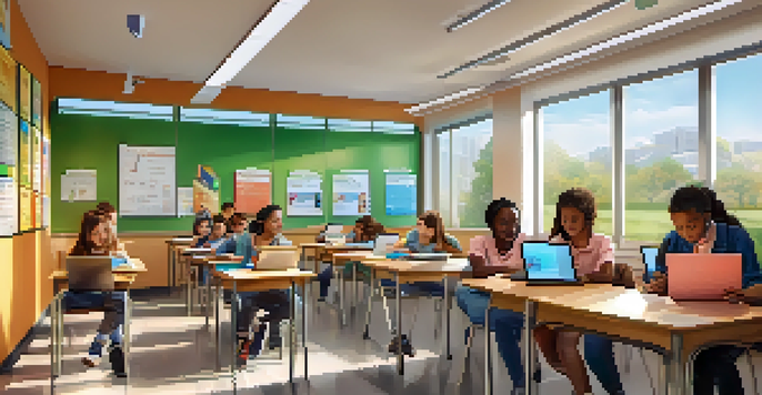A diverse group of students working on tablets and laptops in a bright classroom, with a teacher assisting them.