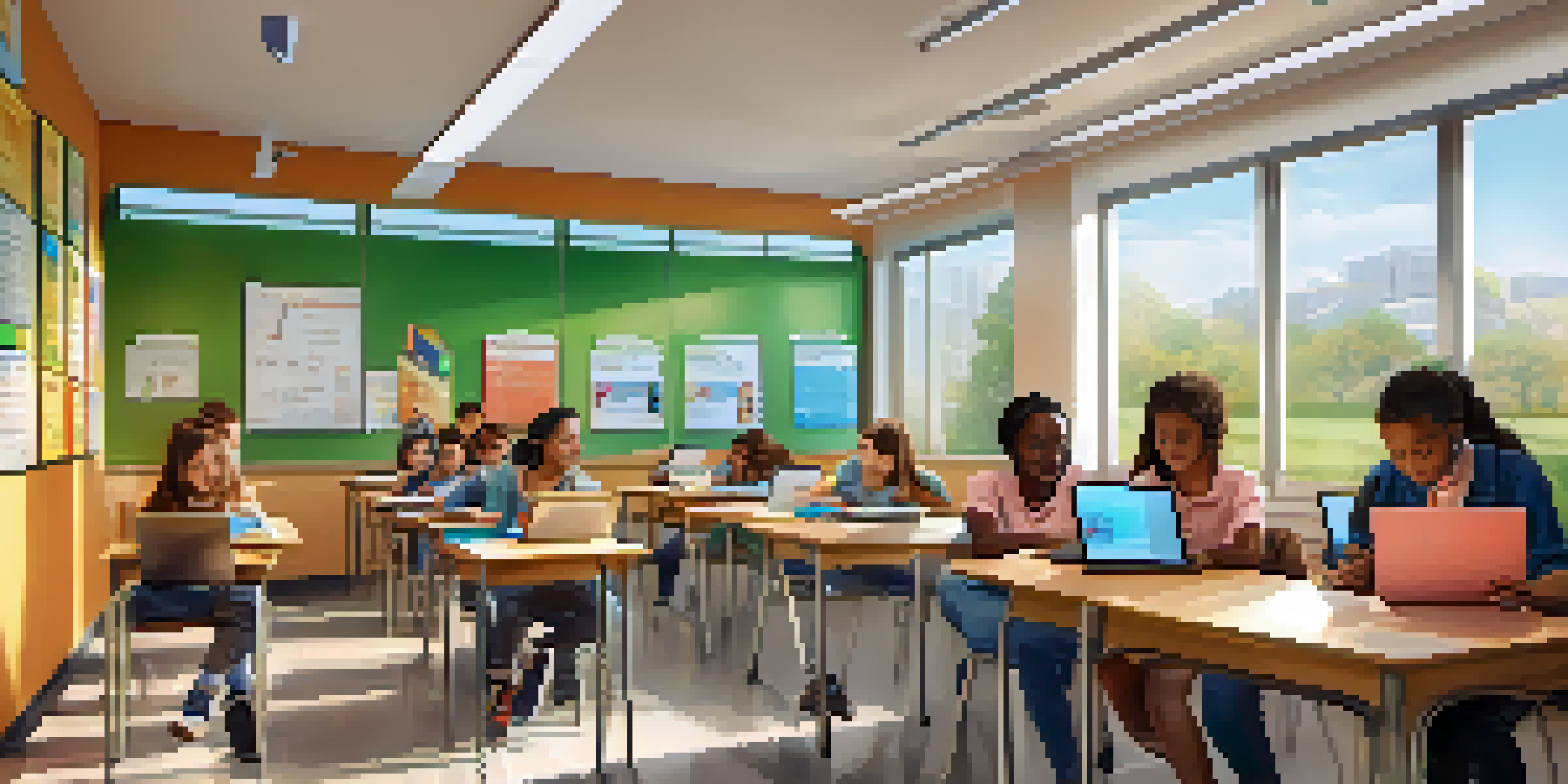 A diverse group of students working on tablets and laptops in a bright classroom, with a teacher assisting them.