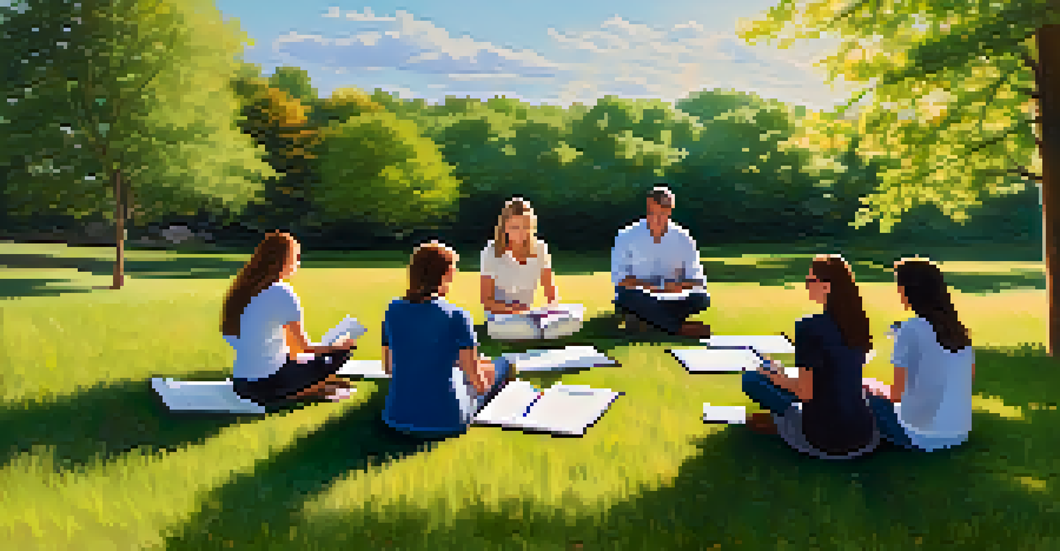 A team of educators participating in an outdoor workshop, seated in a circle on the grass with notepads.