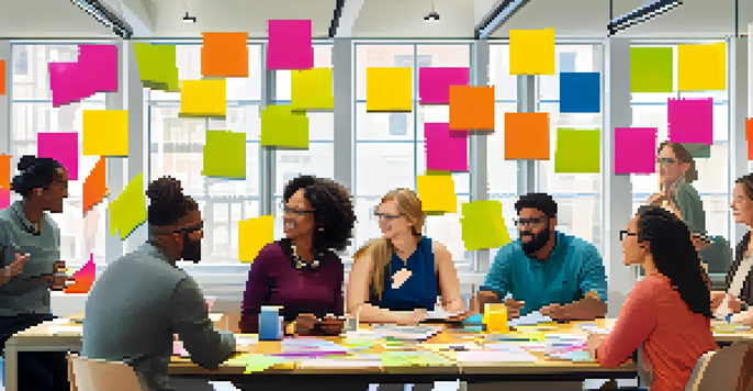 A group of diverse teachers collaborating in a bright workshop setting, discussing ideas around a table filled with post-it notes and laptops.