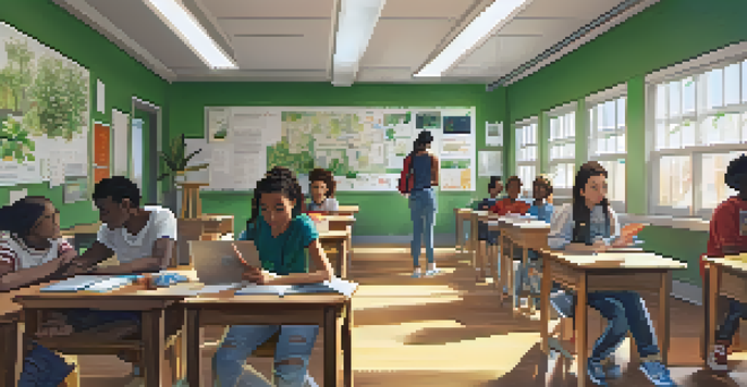 A bright classroom with students of various backgrounds engaged in video assessments, using laptops and cameras.