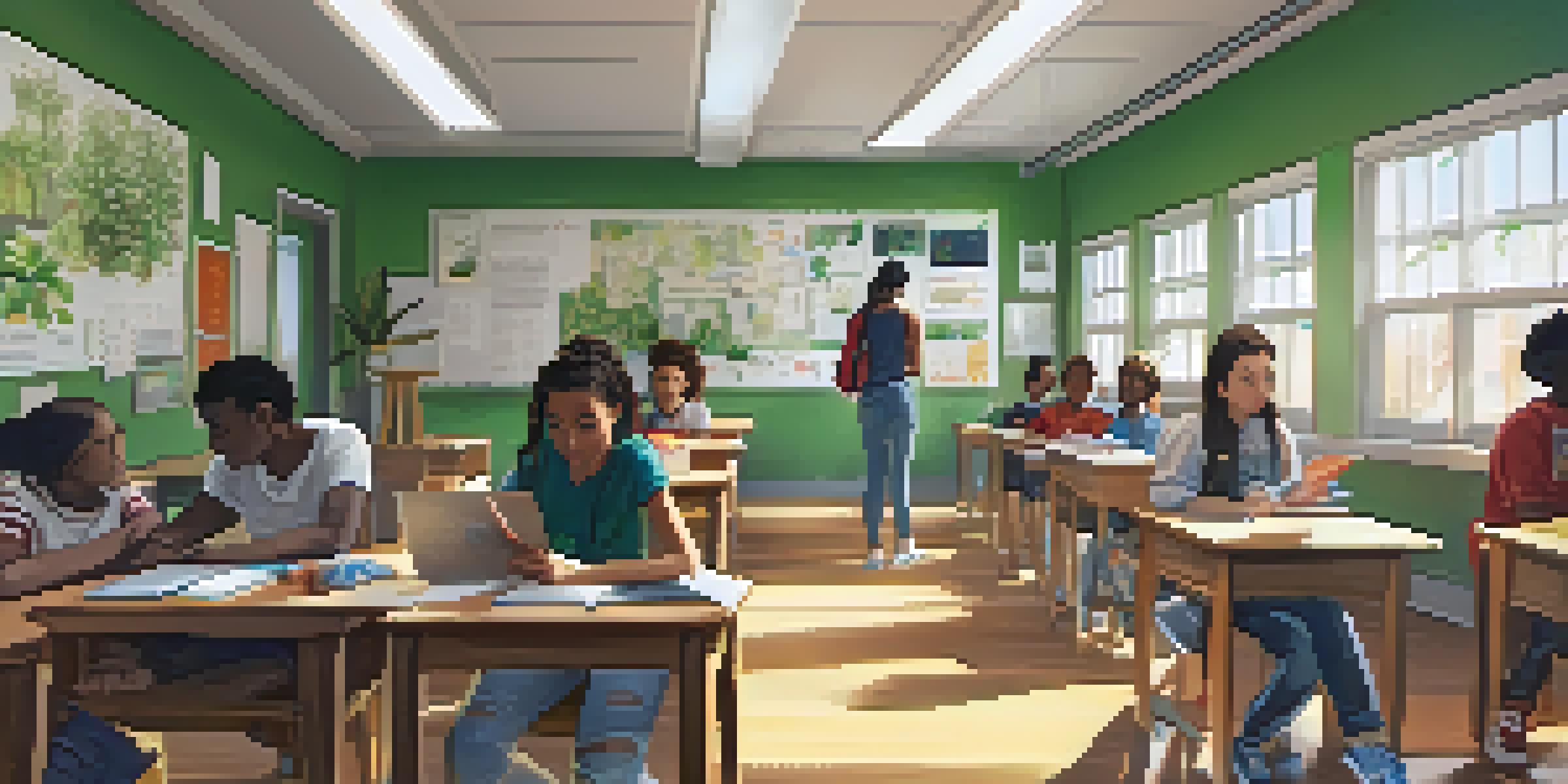A bright classroom with students of various backgrounds engaged in video assessments, using laptops and cameras.