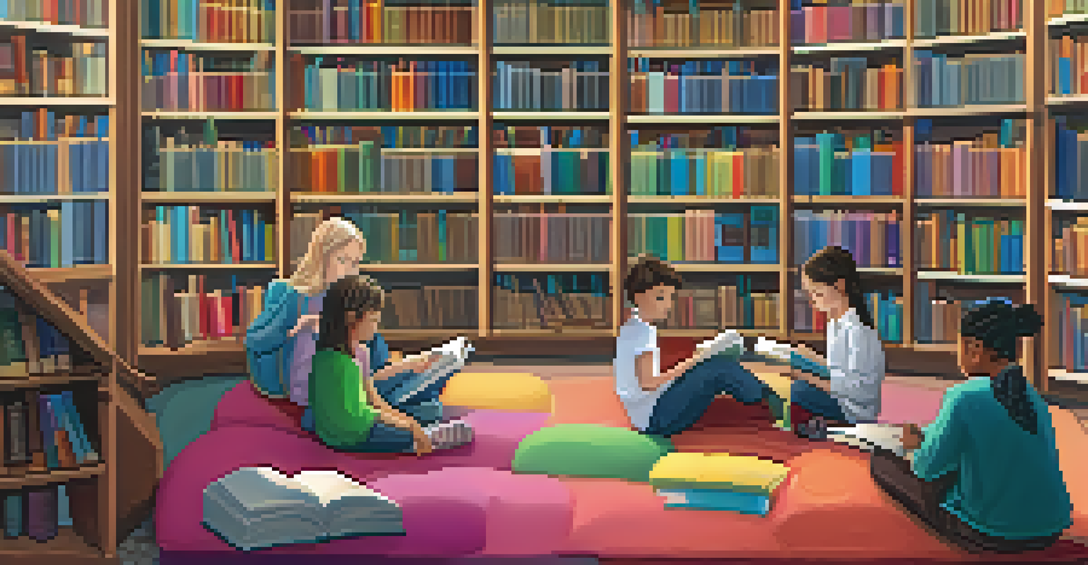 Students of various ages and backgrounds reading and discussing books together in a cozy library.