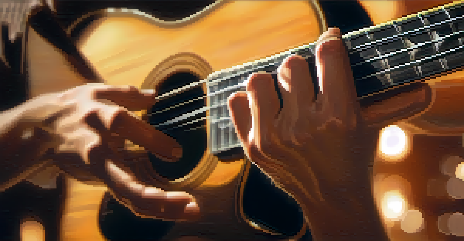 Close-up of a musician's hands playing a guitar, showcasing the strings and fretboard with warm lighting and blurred sheet music in the background.